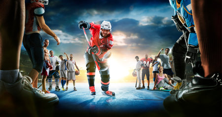 multi sports collage boxing ice hockey basketball cycling soccer american football fitness, gym baseball volleyballの写真素材