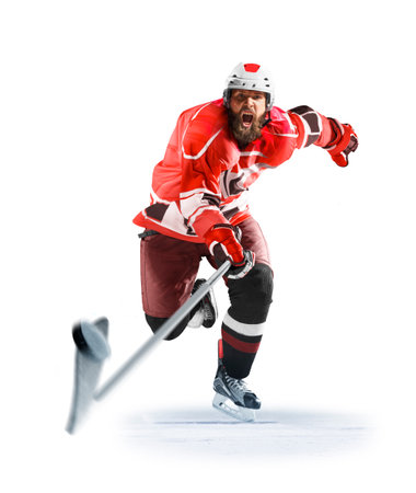 Professional ice hockey player on defending position on the rink. Isolated image on whiteの写真素材