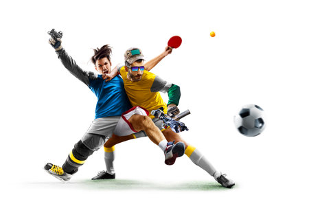 Funny collage of many kinds of sports and hobbies in two persons isolated on the white backgroundの写真素材
