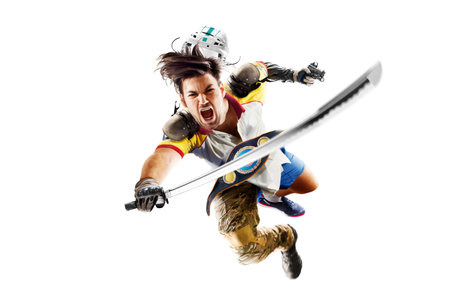 Funny collage of many kinds of sports and hobbies in one person isolated on the white backgroundの写真素材