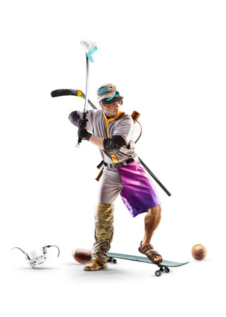 Funny collage of many kinds of sports and hobbies in one person isolated on the white backgroundの写真素材
