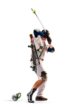 Funny collage of many kinds of sports and hobbies in one person isolated on the white backgroundの写真素材
