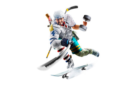 Funny collage of many kinds of sports and hobbies in one person isolated on the white backgroundの写真素材