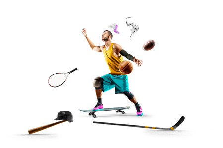 Funny collage of many kinds of sports and hobbies in one person isolated on the white backgroundの写真素材