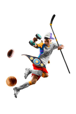 Funny collage of many kinds of sports and hobbies in one person isolated on the white backgroundの写真素材