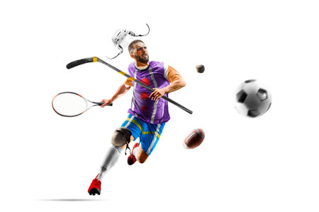 Funny collage of many kinds of sports and hobbies in one person isolated on the white backgroundの写真素材