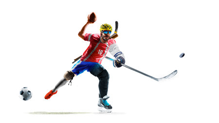 Funny collage of many kinds of sports and hobbies in one person isolated on the white backgroundの写真素材