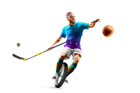 Funny collage of many kinds of sports and hobbies in one person isolated on the white backgroundの写真素材