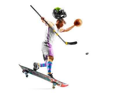 Funny collage of many kinds of sports and hobbies in one person isolated on the white backgroundの写真素材