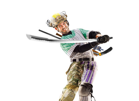 Funny collage of many kinds of sports and hobbies in one person isolated on the white backgroundの写真素材