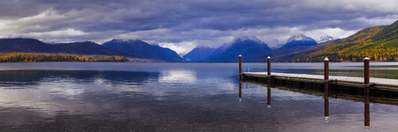 The dock on Lake MacDonald in Glacier National Park.の写真素材