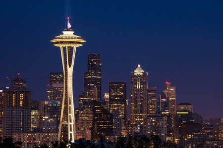 Seattle skyline with the Space Needle at nightの写真素材