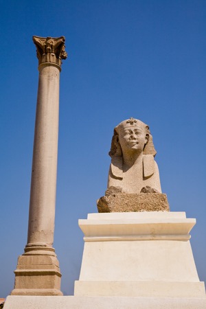 Pompey's Pillar and a sphinx in Alexandria, Egyptの写真素材