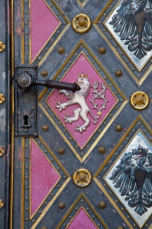 Detail of an old metal church door in Prague, Czechia, Europeの写真素材
