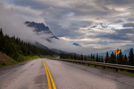 Highway 40 in Kananaskis Country, Alberta, Canada on a gloomy rainy dayの写真素材