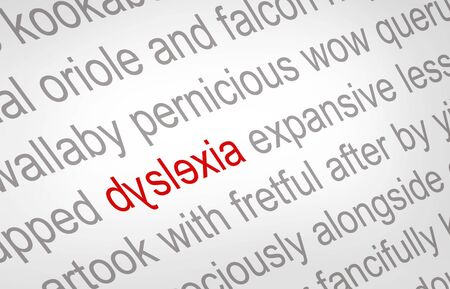 Close up of the word dyslexia printed on a piece of white paper, spelled incorrectlyの写真素材