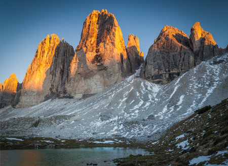 Hiking around the Tre Cime di Lavaredo in the Dolomites of Northern Italyの写真素材