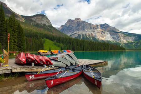 Canoes at Emerald Lake in Yoho National Park, British Columbia, Canadaの写真素材