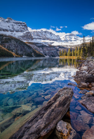 Autumn at Boom Lake in Banff National Park, Alberta, Canadaの写真素材