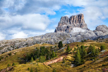 Passo Falzarego is a mountain pass in the Italian Dolomite Mountainsの写真素材