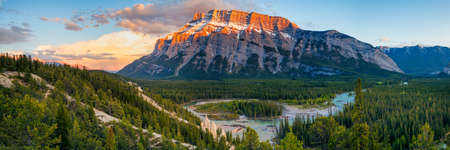 Mount Rundle and the Banff Hoodoos in late afternoon - Banff National Park, Alberta, Canadaの写真素材