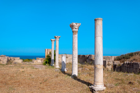Ancient ruins of Salamis in Cyprus against a blue skyの写真素材
