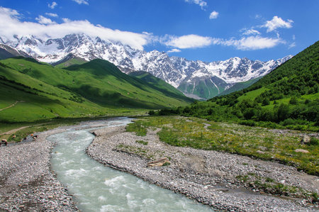 Summer landscape with river and mountain snow. Peak Shkhara Zemo Svaneti, Georgia. The main Caucasian ridgeの写真素材