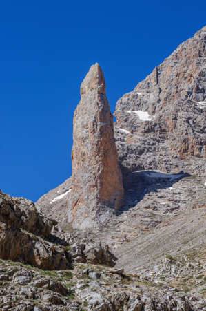 A rock in the form of a finger above Aladaglar in Turkeyの写真素材
