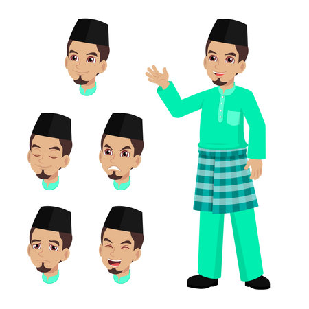 Muslim Malay man cartoon character in Malay traditional clothes with different facial expression. Vector illustration.のイラスト素材