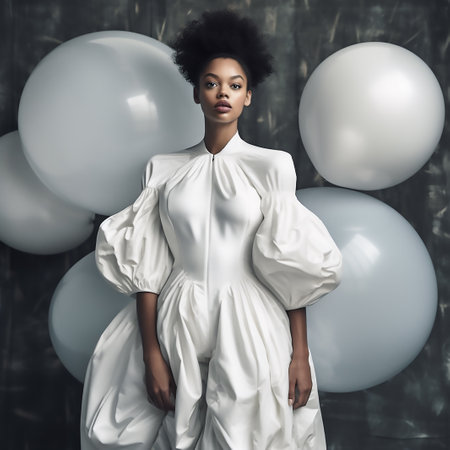 Beautiful african american woman with afro hairstyle in white dress posing with white balloons.の素材