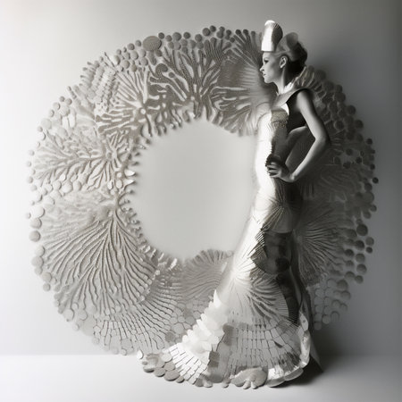 Beautiful woman in a white dress with snowflakes on a white backgroundの素材