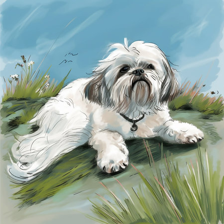 Shih tzu dog lying on the grass. Illustrationの素材