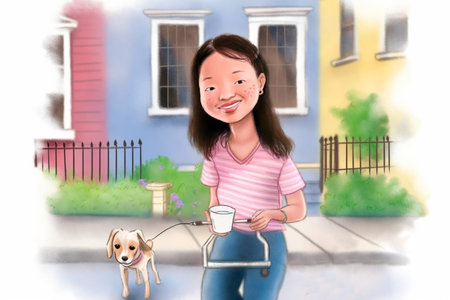 Two boys playing with a dog in the street. Vector illustration.の素材