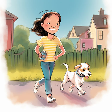 Illustration of a little boy and his dog in the bedroom.の素材