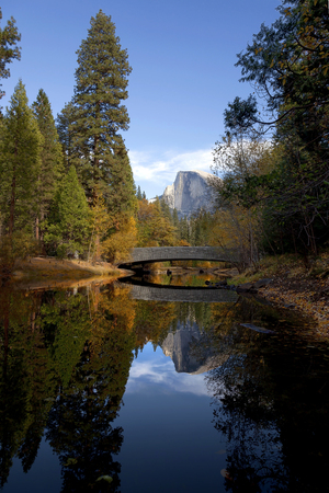 Fall view of Merced River, Half Dome and Sentinel Bridge, Yosemite Valleyの写真素材