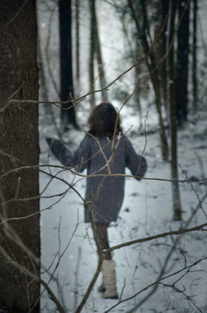 girl in forest, winter's tale, winter walk in the woodsの写真素材