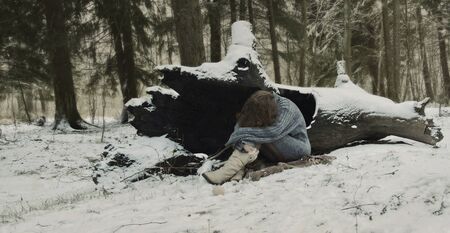 girl in forest, winter's tale, winter in the woodsの写真素材