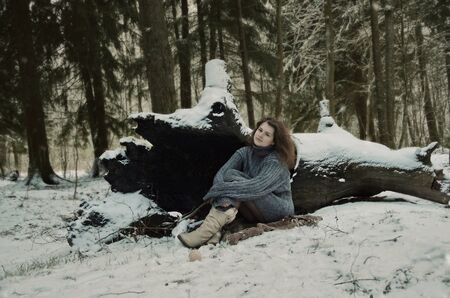 girl in forest, winter's tale, winter in the woodsの写真素材