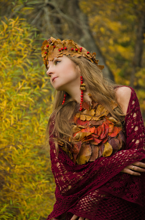 forest witch in fall way, dress from the leavesの写真素材
