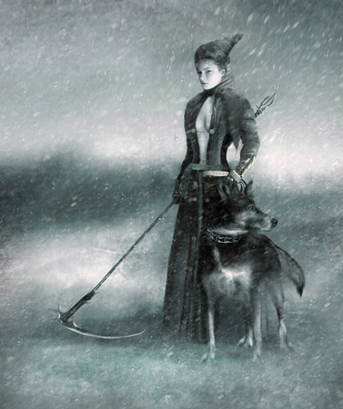 stylized image of a woman with a scythe and a dog in a snowstormの写真素材