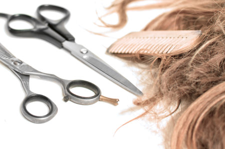 hair, comb and scissors on white background