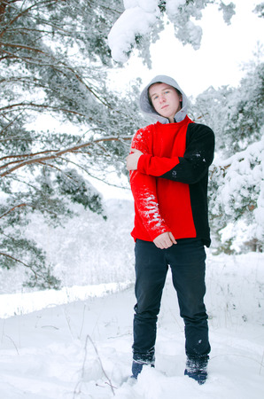 young man in a red sweater on a walk in the winter forestの写真素材