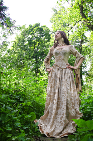 young woman in vintage dress long walks in the woods among the grass, standing arms akimboの写真素材