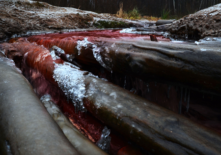 stream with strange red water flows through the logsの写真素材