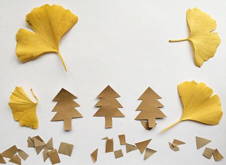 Ginkgo biloba leaf isolated and paper chrisma trees on white backgroundの写真素材