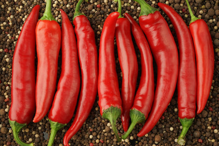 beautiful ripe large red hot chili with a green tail on a dark background consisting of balls of...