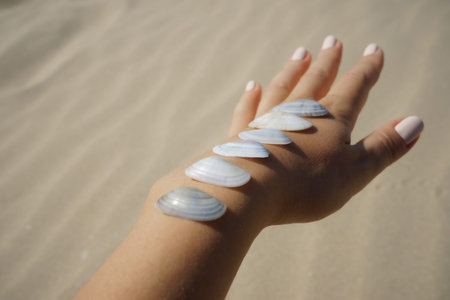 hand Spa treatment with seashells on the background of sea sand
