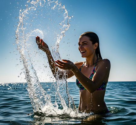 Beautiful young woman splashing water in the sea on a sunny dayの素材