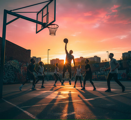 Group of young people playing basketball on the basketball court at sunset.の素材