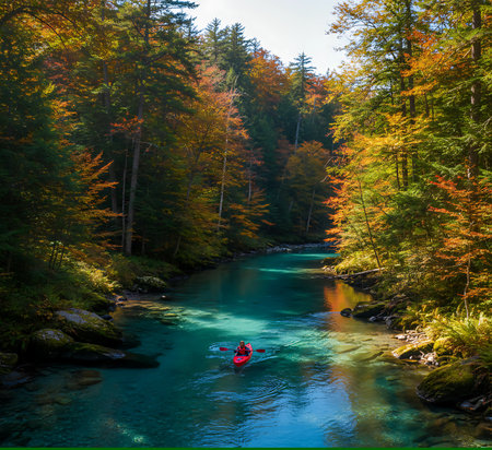 Beautiful autumn landscape with a man kayaking on a mountain riverの素材